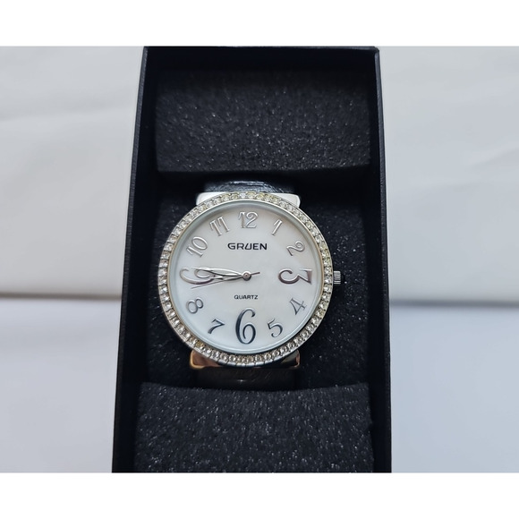 Gruen Womens Wrist Watch Gray Hard Bracelet Band Silver Trim White Face Quartz - Picture 1 of 9